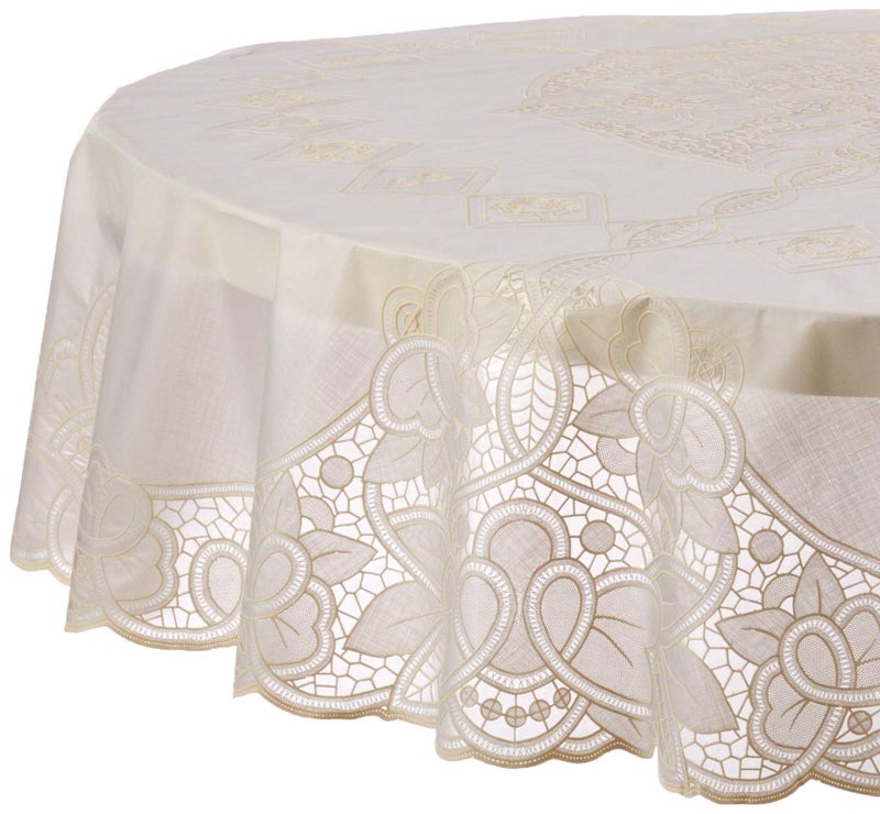 Violet Linen Vinyl Lace Betenburg Design Tablecloth Beige 72" Round - Image 1